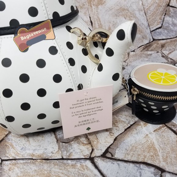 Teapot Polka Dot White Crossbody & Key Fob Key Chain Coin Purse Set Kate Spade - Picture 10 of 15